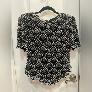 Holiday sale!! Vintage Laurence Kazar Black and White Beaded Silk Top